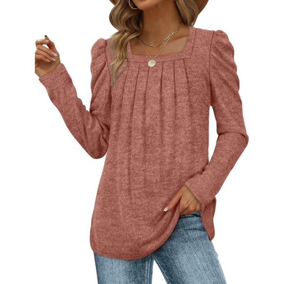 Womens Lightweight Puff Sleeve Pleated Square Neck Tunic Sweaters Shirts - Picture 1 of 5